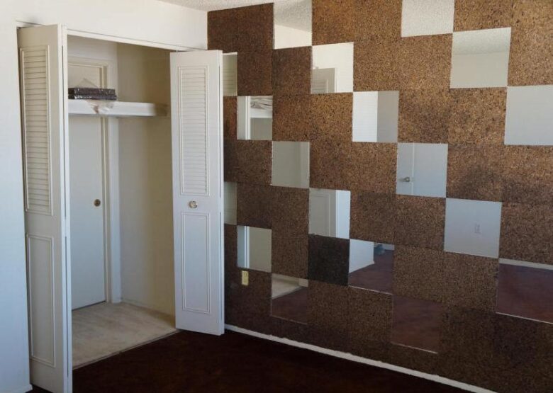 vintage old outdated ugly mirrors cork tiles checkerboard pattern on wall 1970 décor Phoenix Arizona home house for sale photo