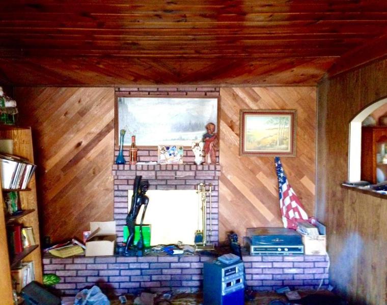 messy cluttered junky neglected family room damaged book shelf dirty fixer-upper Phoenix Arizona homes houses for sale photo American flag