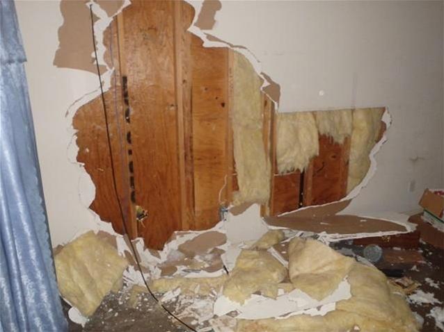 white insulation everywhere damaged drywall wall hole fixer-upper Houston Texas home house for sale photo