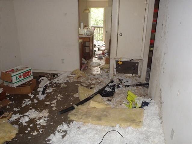 white insulation everywhere damaged drywall wall hole fixer-upper Houston Texas home house for sale photo