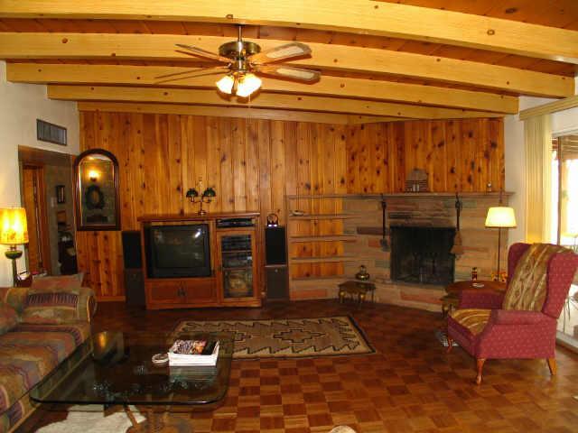 vintage old original 1955 wood paneling family room stone fireplace Phoenix Arizona home
