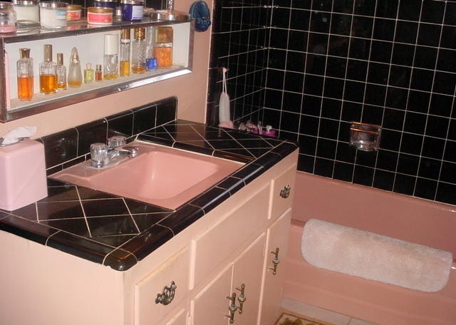 vintage classic original 1955 1950s bathroom pink toilet black tile Mesa Arizona home house mid-century modern retro