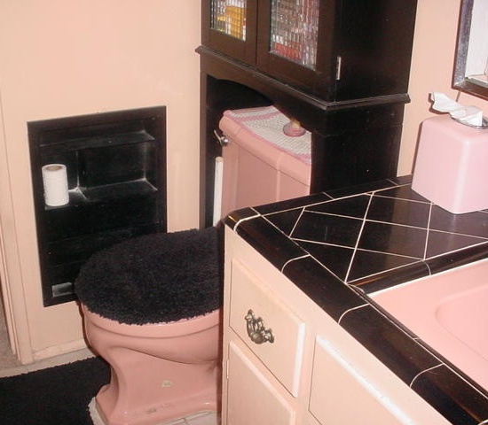 vintage classic original 1955 1950s bathroom pink toilet black tile Mesa Arizona home house mid-century modern retro