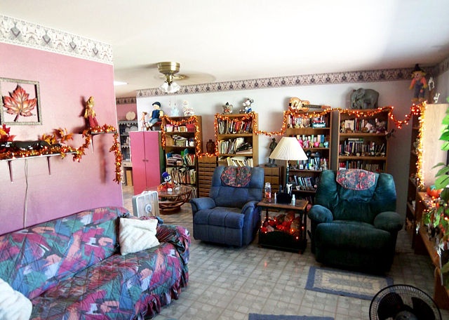 cluttered messy too many books fake vines plants Sun City Arizona poor bad home staging house