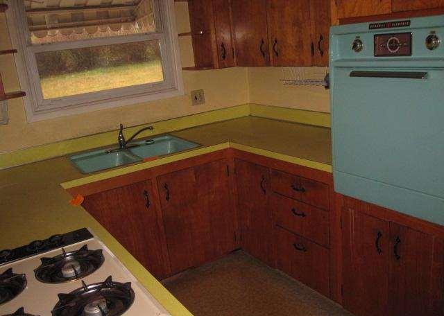 original vintage blue paint wall oven kitchen 1950 Lancaster Pennsylvania home house for sale photo