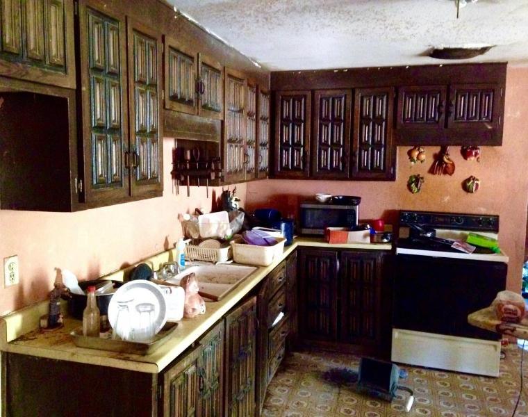 messy cluttered junky neglected kitchen ugly John F. Long cabinets dirty fixer-upper Phoenix Arizona homes houses for sale photo