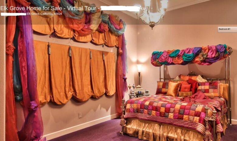 colorful tacky window drapes curtains pouf valances on bedframe too bedroom knotted fabric Elk Grove California home house for sale photo