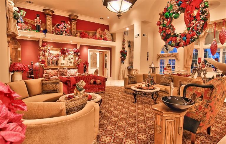 too many Christmas decorations living room cluttered look wreath staging Elk Grove California home house for sale photo