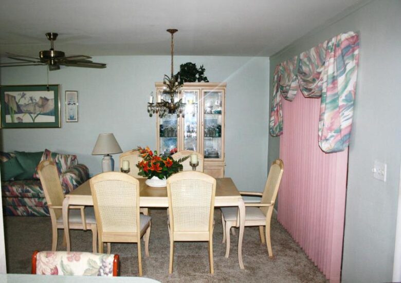 1980s pastel colors décor sofa couch window covering drapes curtains Golden Girls Sun City Arizona home house for sale photo