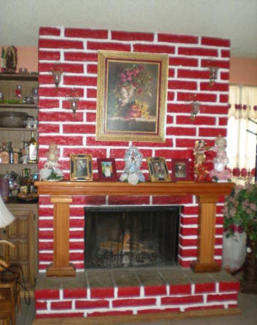 ugly fireplace brick painted red white grout cluttered mantel Phoenix Arizona home house