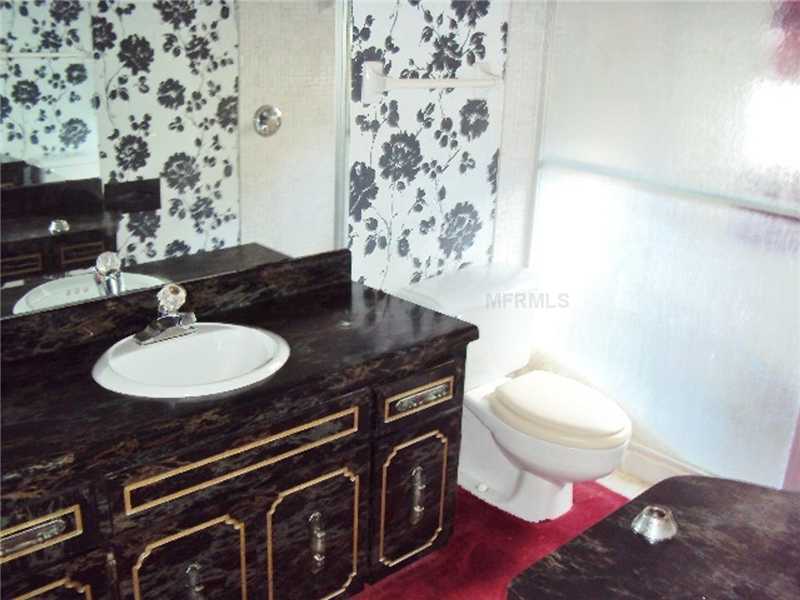 outdated ugly décor red carpet bathroom vanity Dade City Florida home house for sale photo