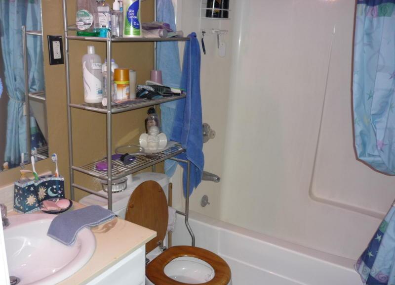 cluttered bathroom rack poor home staging Glendale Arizona house for sale real estate photo