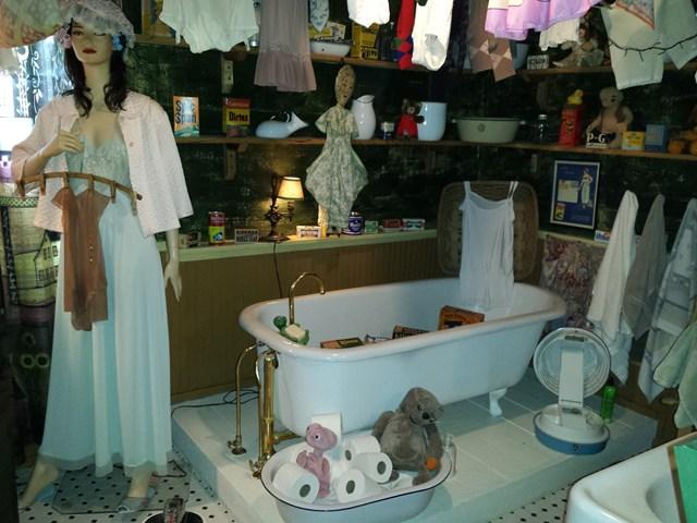 cluttered bathroom lady mannequin negligee undergarments E.T. doll toilet paper Penfield New York home house for sale